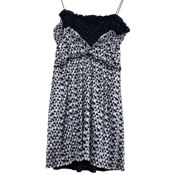 Zara Silver & Black Geometric Print Ruffle Spaghetti Strap Mini Dress Size Large - Picture 1 of 8